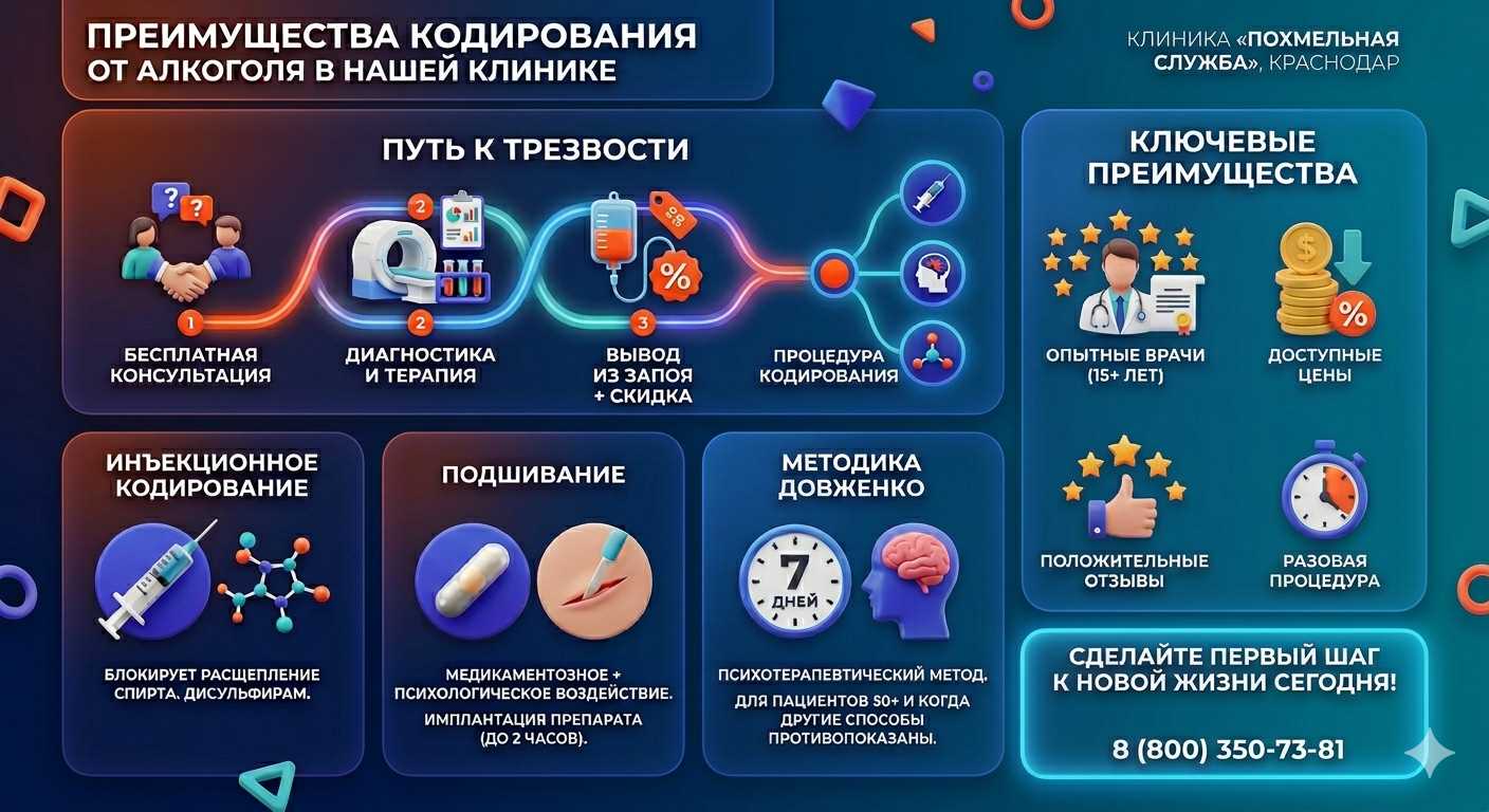 Инфографика о методах кодирования от алкоголя в Калге: инъекции, подшивание, метод Довженко. Преимущества клиники и этапы лечения.