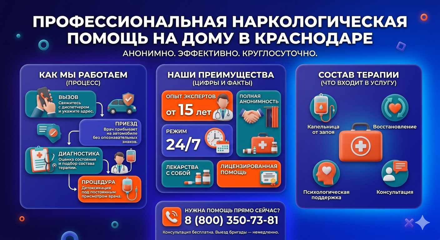 Инфографика о принципах лечения алкоголизма на дому в Калге: этапы вызова нарколога, преимущества анонимной детоксикации и состав медицинской помощи.